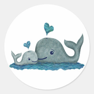 Sticker Rond Natation de maman et de bébé de baleine en mer