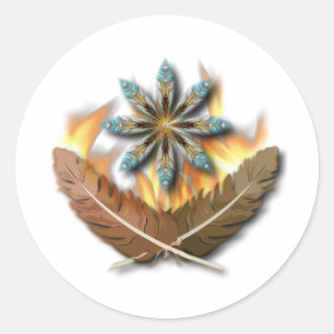 Sticker Rond natif plumes de faucon à queue rouge et flammes nu