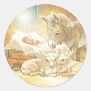 Sticker Rond Nativité de Jésus de bébé avec les agneaux et