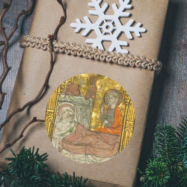 Sticker Rond Nativité de Noël chrétienne médiévale (Medieval Manuscript Vintage Religious Catholic Christian Christmas Nativity Scene Gift Sticker)