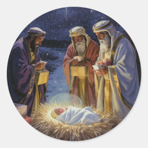 Sticker Rond Nativité des Trois Sages Traditionnels