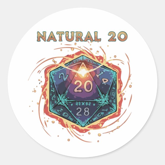 Sticker Rond Natural 20 Flaming D20 Dice | Epic D&D Critical   (Devant)