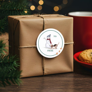 Sticker Rond Naughty Chien Aquarelle Beagle Jouer Avec Snowman