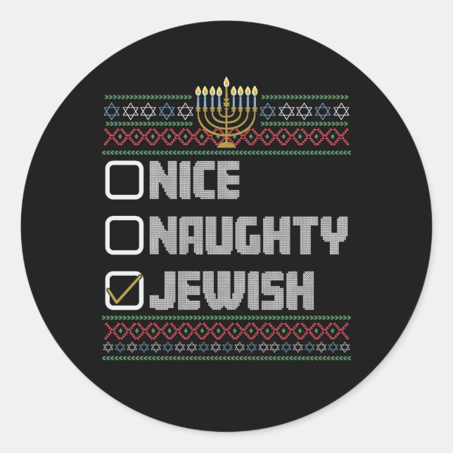 Sticker Rond Naughty Nice juif Père Noël laide Noël Hanoukka (Devant)