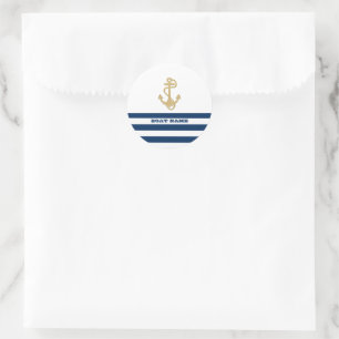 Sticker Rond Nautique, Ancre d'Or Bleu Marine Rayures Blanches