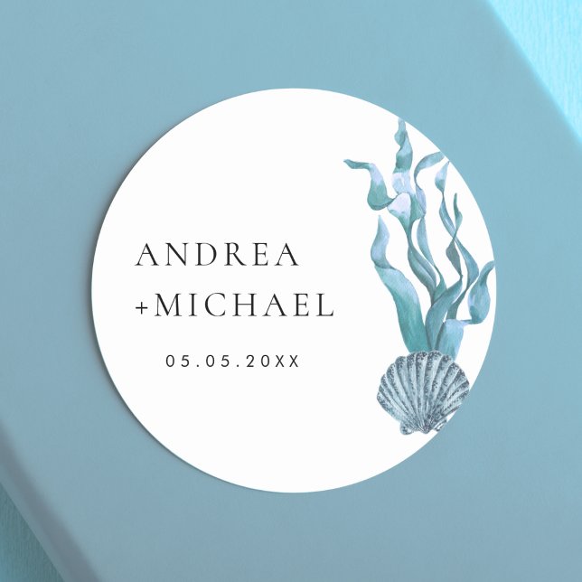 Sticker Rond Nautique Bleu Coquillage Côtier Mariage Personnali (Créateur téléchargé)