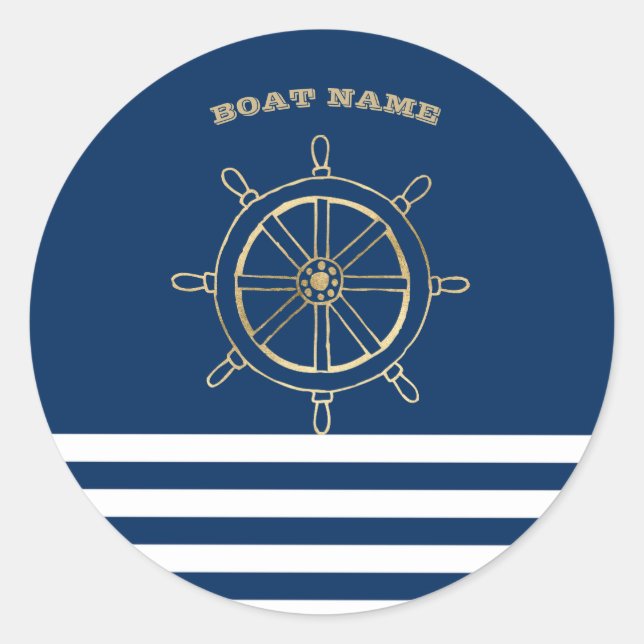 Sticker Rond Nautique, Roue de bateau en or, Bleu de marine (Devant)