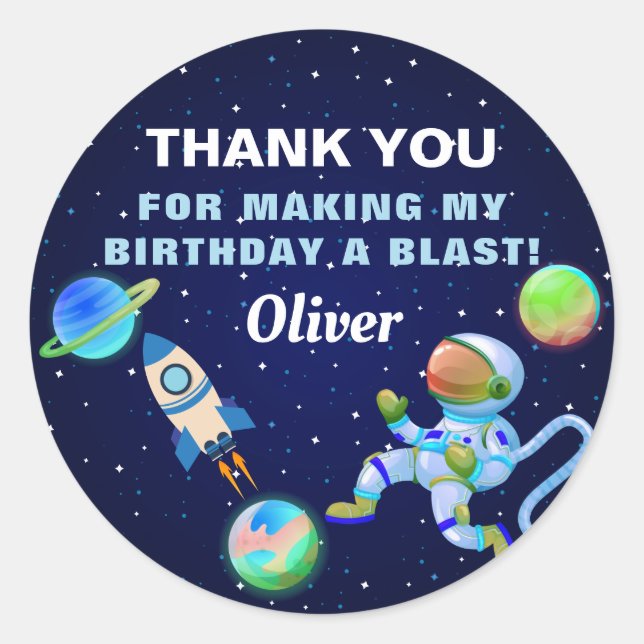 Sticker Rond Navire à fusée spatiale de l'astronaute bleu Anniv (Devant)