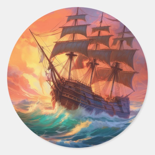 Sticker Rond Navire À Voile Sur Une Mer Tempérée (Devant)