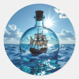 Sticker Rond Navire dans une bouteille flottant sur l'océan