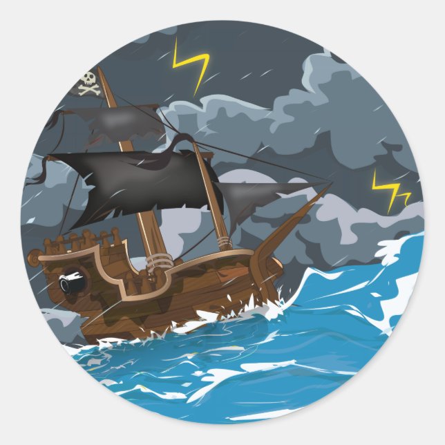 Sticker Rond Navire Pirate dans la Tempête (Devant)