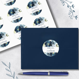 Sticker Rond Navy & Bleu Poussiéreux Élégant Floral Aquarelle