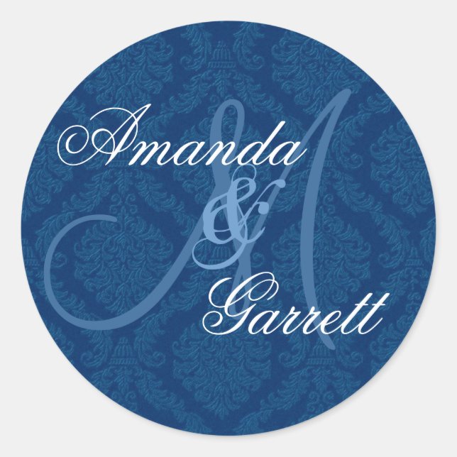 Sticker Rond NAVY BLUE Mariage damassé Personnalisé Monogramme  (Devant)