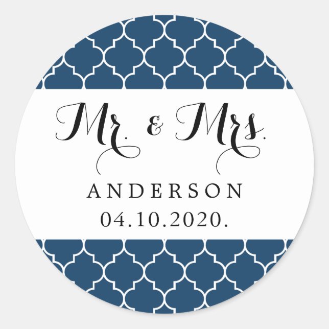 Sticker Rond Navy Blue Marocain Trellis, Quatrefoil, Mariage (Devant)