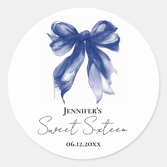 Sticker Rond Navy Bow Coquette Script Sweet 16 Party  (Devant)