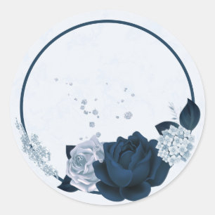 Sticker Rond navy & fleurs bleues poussiéreuses merci