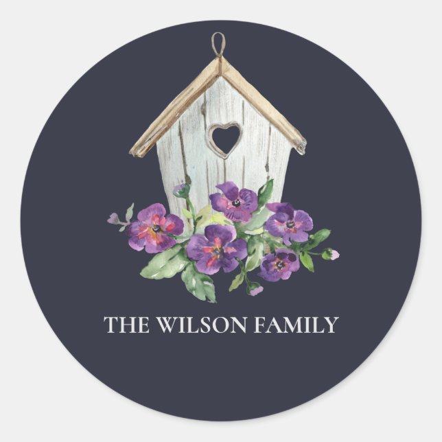 STICKER ROND NAVY RUSTIC COUNTRY VIOLET FLORAL BIRD HOUSE (Devant)