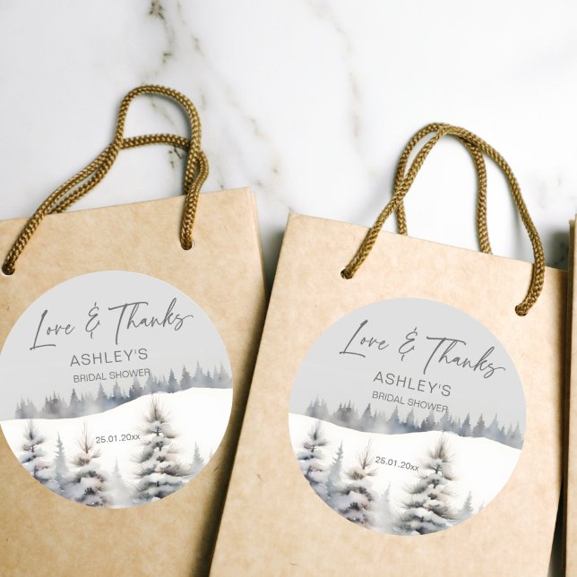 Sticker Rond Neige en amour Pins d'hiver prime douche (Snow in love winter pines bridal shower thank you favor sticker watercolor snowy pines winter themed)