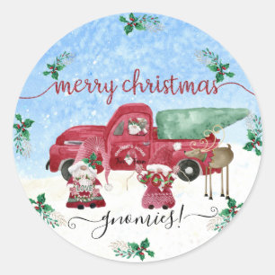 Sticker Rond Neige Joyeux Noël Gnome Arbre ferme aquarelle