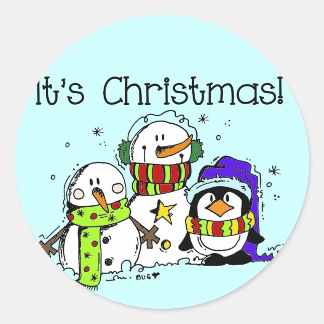 Sticker Rond Neiges et pingouins C'est Noël (Devant)