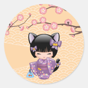 Sticker Rond Neko Kokeshi Poupée Chat Oreilles Geisha Fille Jau