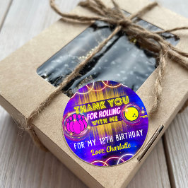 Sticker Rond Neon Glow Purple Bowling Anniversaire Merci de fêt