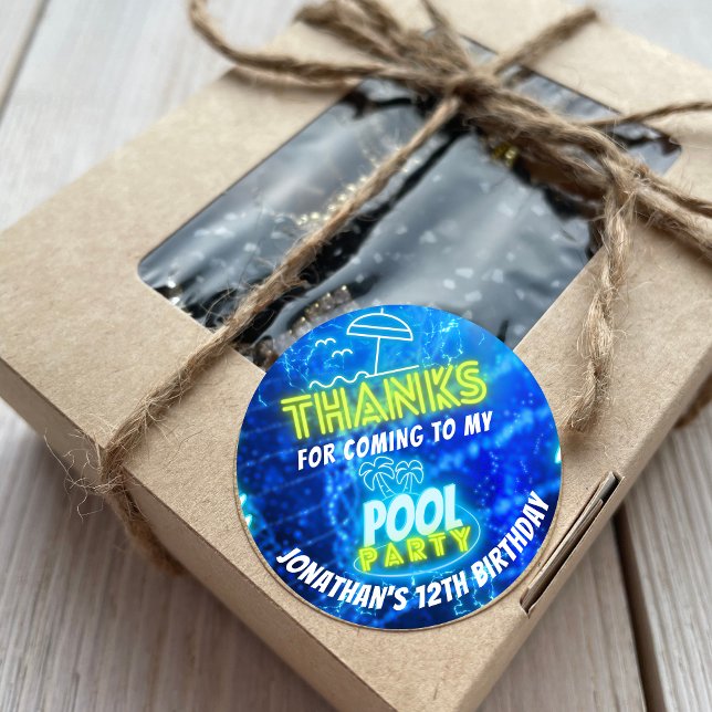 Sticker Rond Neon Glower Boys Pool Party Blue Green Merci (Créateur téléchargé)