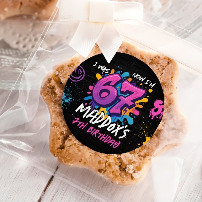 Sticker Rond Neon Graffiti Six Seven Kids 7th Birthday Party (Créateur téléchargé)