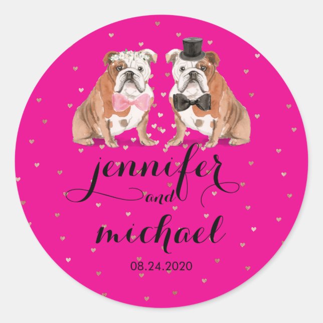 Sticker Rond Neon Pink English Bulldog mariage (Devant)
