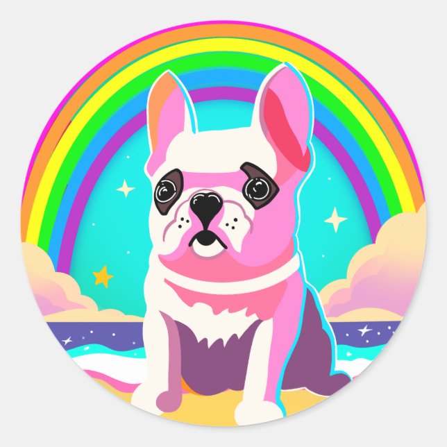 Sticker Rond Neon Rainbow Frenchie Retro Anniversaire (Devant)