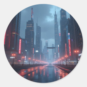 Sticker Rond Neon Tomorrow – Cyberpunk Cityscape Classique Rond