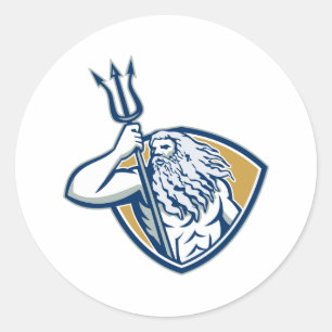 Sticker Rond Neptune Poseidon Trident Shield Retro