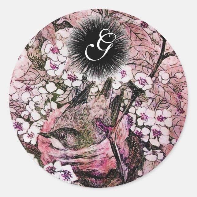 STICKER ROND NEST OISEAU, ARBRE AVEC FLEURS ROSES BLANCHES MONO (Devant)