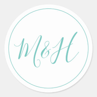 Sticker Rond Nettoyer Élégant Monogramme Mariage Turquoise