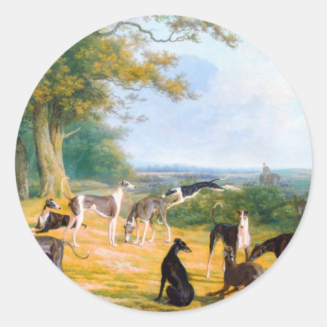 Sticker Rond Neuf Greyhounds dans un paysage par Jacques-Lauren (Devant)