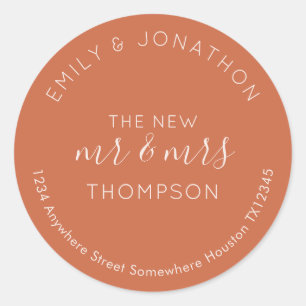 Sticker Rond Newlyweds Nom de retour Adresse Terracotta