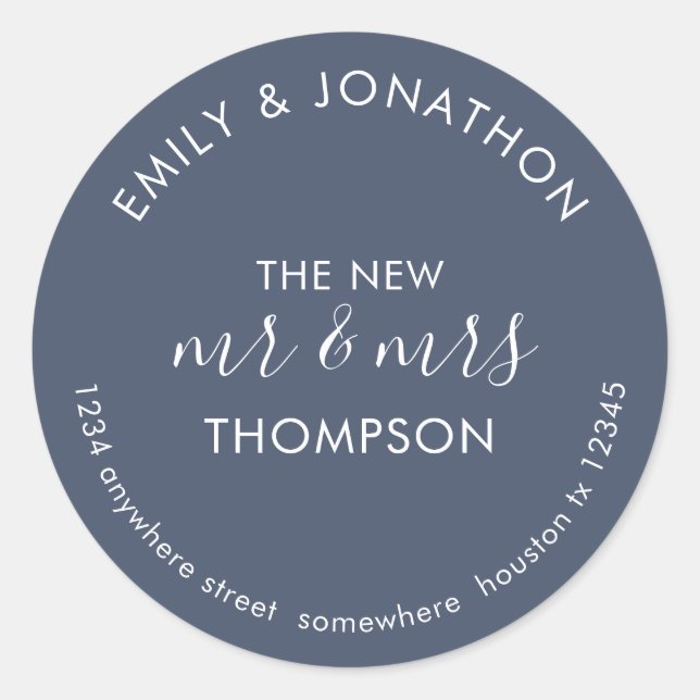 Sticker Rond Newlywees Nom du retour Adresse Dusty Navy Blue (Devant)