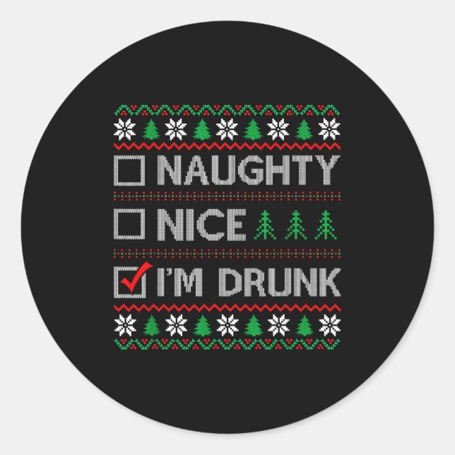 Sticker Rond Nice Naughty I'm Drunk Checklist Ugly Christmas Sw (Devant)