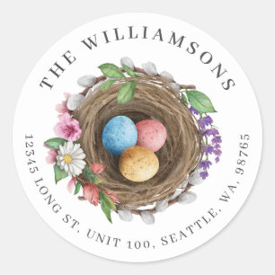 Sticker Rond Nid d'oiseaux floraux de printemps et oeufs peints