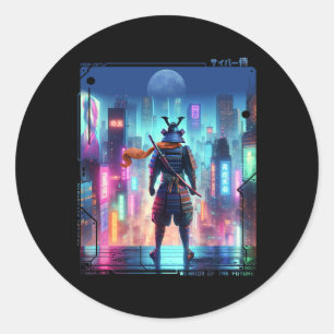 Sticker Rond Ninja Samurai Poteau Électrique En Cybe Rétro Japo