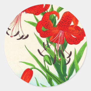 Sticker Rond Nishimura Hodo Lys des tigres fleurs shin hanga