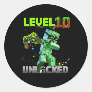 Sticker Rond Niveau 10 déverrouillé - Anniversaire Garçon Pixel