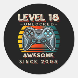 Sticker Rond Niveau 18 Jeu vidéo déverrouillé 18e anniversaire