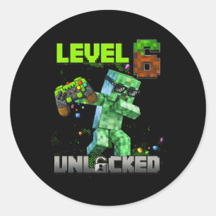 Sticker Rond Niveau 6 Débloqué Anniversaire Drôle Garçon Pixel 