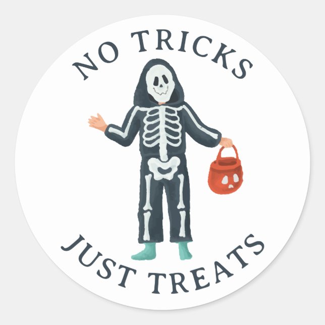 Sticker Rond No Tricks Just Treats Halloween | Cute Skeleton (Devant)