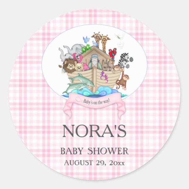 Sticker Rond Noah's Ark Animals Pink En vichy (Devant)