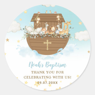 Sticker Rond Noah's Ark Cute Animaux Bleu Garçon Baptême Faveur