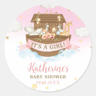 Sticker Rond Noah's Ark Rose Animaux Fille Baby shower Faveur