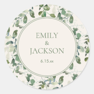 Sticker Rond Noces Crème Feuilles d'Eucalyptus Vert Sauge