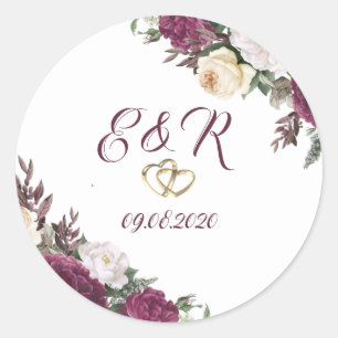 Sticker Rond Noces de diamants d'or burgundy fleurs coeurs